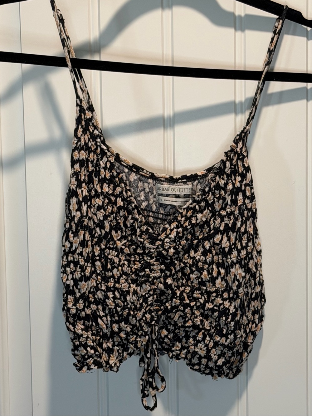 Urban Outfitters Black Floral Drawstring Smocked Crop Cami